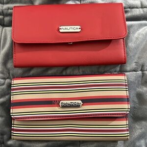 Red and multicolored wallets